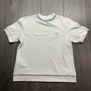 Fred Perry Sportswear White Pique T-Shirt Blue Tipped Crew Neck Size 10 Portugal